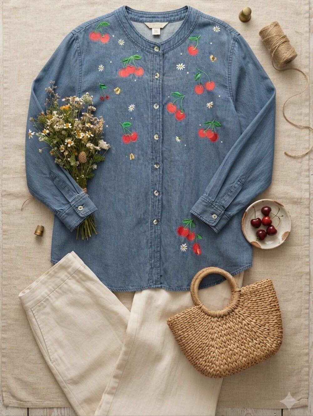 Vintage Quacker Factory Cherry Embroidery Denim Button Up Long Sleeve Top